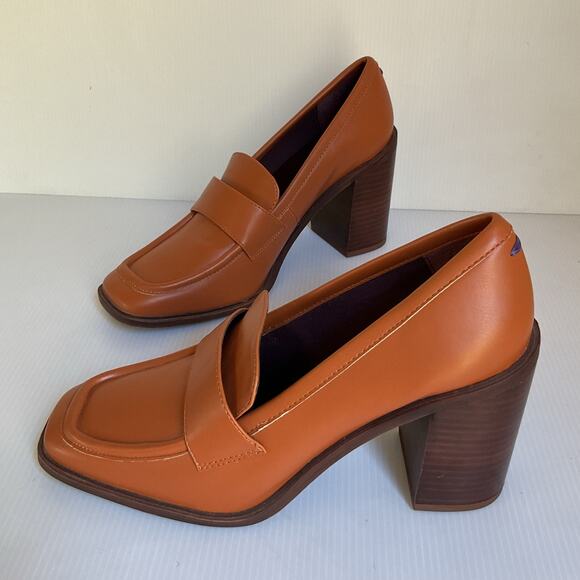 Franco Sarto Tan Leather Block Heel Loafers Women’s Sz 9.5M Classic Penny Heels - Picture 1 of 9